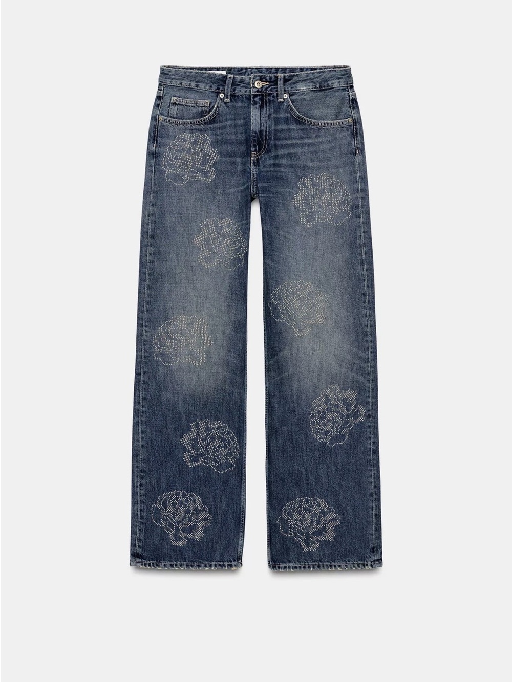 Zara Dark Blue Barrel Wide-Leg Jeans with Embellished Floral Motif